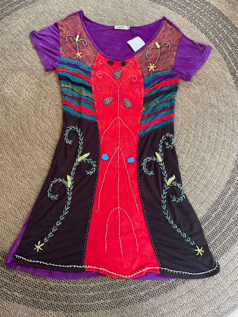 1990s vintage patchwork tunic mini dress wearable art red purple small S - Picture 8 of 9